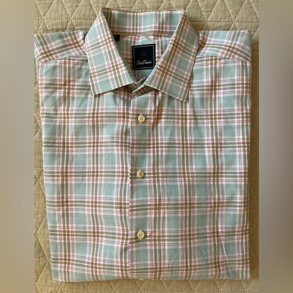 David Donahue Check Print Spread Collar Dress Shirt in Blue (multi) 18-35 $155